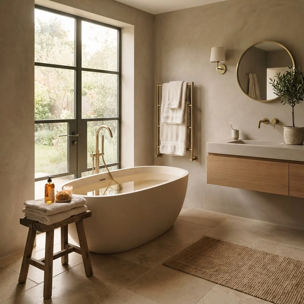 AI-generated contemporary bathroom interior with coordinated vanity, mirror, shower and fixtures